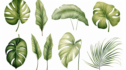 Collection of watercolor wild tropical leaves hand-drawn. Jungle plant leaves isolated on white background. Monstera, banana, palm leaf. Watercolor botanical illustration. -