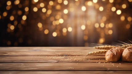 Tabla de madera para productos con fondo de luces doradas y cálidas navideño con pan y trigo decorativo - obrazy, fototapety, plakaty