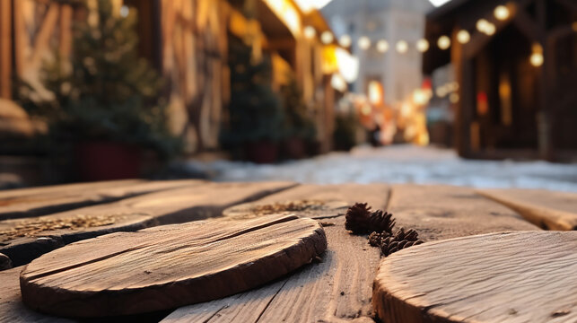 Tabla de madera para productos con pintoresco pueblo navide&ntilde;o difuminado de fondo