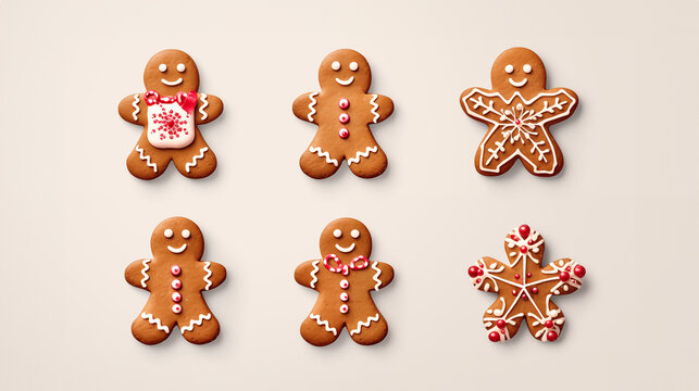 Conjunto de galletas de jengibre con decoraci&oacute;n navide&ntilde;a y glaseado blanco y rojo sobre fondo liso