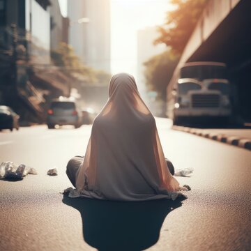 A Muslim Woman Prays On The Street