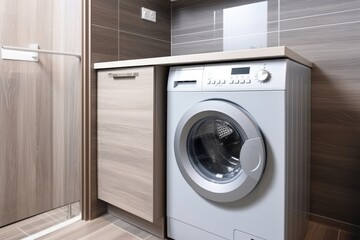 home laundry room with modern washing machine. AI Generated
