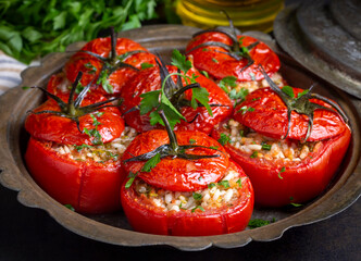 Traditional Turkish food; Stuffed tomatoes with olive oil stuffed with rice. Turkish name; domates dolmasi