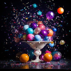 a bunch of colorful balls and confetti on a table with a black background and a purple background