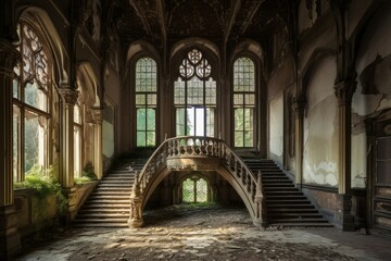 Weathered Abandoned interior castle. Hall dirty. Generate Ai