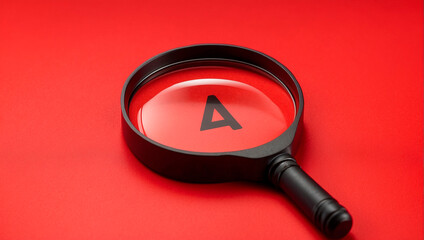 Black magnifying glass with pen pointing at the number "4" on a red background, interesting interpretation of warning and prohibition signs, business concepts, research activities.
