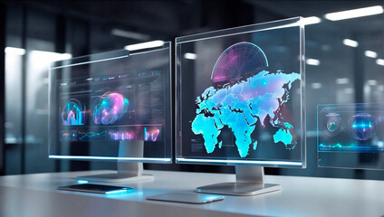 State-of-the-art technology, innovative business center, holographic computer monitors in a bright office. Generative AI