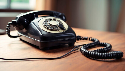 A vintage landline phone, with a detachable handset and dial for entering a phone number.