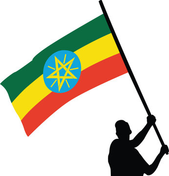 silhouette man waving Ethiopian flag high. High quality Vector illustration.