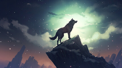 Fototapeta premium wolf standing on top of a mountain against the night sky, digital art style, illustration painting, silhouette wolf