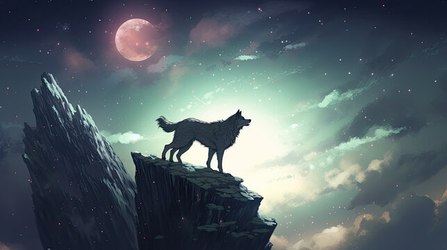  wolf standing on top of a mountain against the night sky, digital art style, illustration painting, silhouette wolf