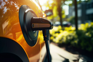 Close-up of power supply plugged into an electric car being charged. Electric vehicle charging in a parking lot with EV charging station on city street. Sustainable energy concept.