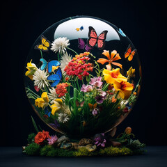 a colorful flower arrangement is shown in this artistic photo of a globe of flowers and grass with butterflies flying around it