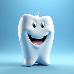 Cute smiling ceramic shining tooth, 3d cartoon character style