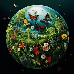  green globe with plants and animals inside it, floating in the air, surrounded by butterflies and flowers, on a green background
