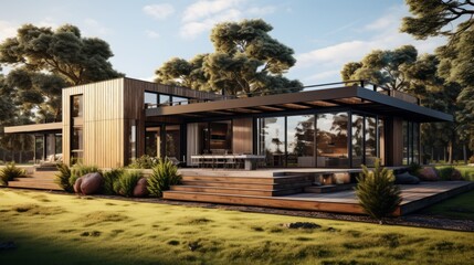 Obraz premium Modern luxury cottage in the woods. Minimalistic eco-design, wooden finishing, large panoramic windows, spacious summer terrace. A well-kept yard with neatly trimmed bushes and a green lawn.