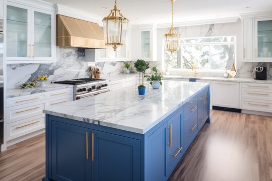 Interior of modern luxurious kitchen classic style. White and blue cabinets with gilded handles, kitchen island with white marble countertop, built-in home appliances, golden pendant lights.