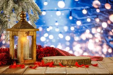 Board of free space and christmas lamp with candle. Mockup background of winter time. New year and...