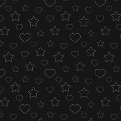 Seamless pattern with hearts stars chaotic white outline on dark background