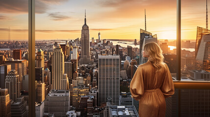 Fototapeta na wymiar Golden Hour Glamour: Capture the magic of the golden hour in a glamorous setting, where the warm hues of sunset blend seamlessly with the city's nighttime allure