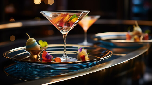 Artistic Cocktails: Feature a close-up of artisanal cocktails, beautifully crafted and surrounded by an atmosphere of elegance and refinement