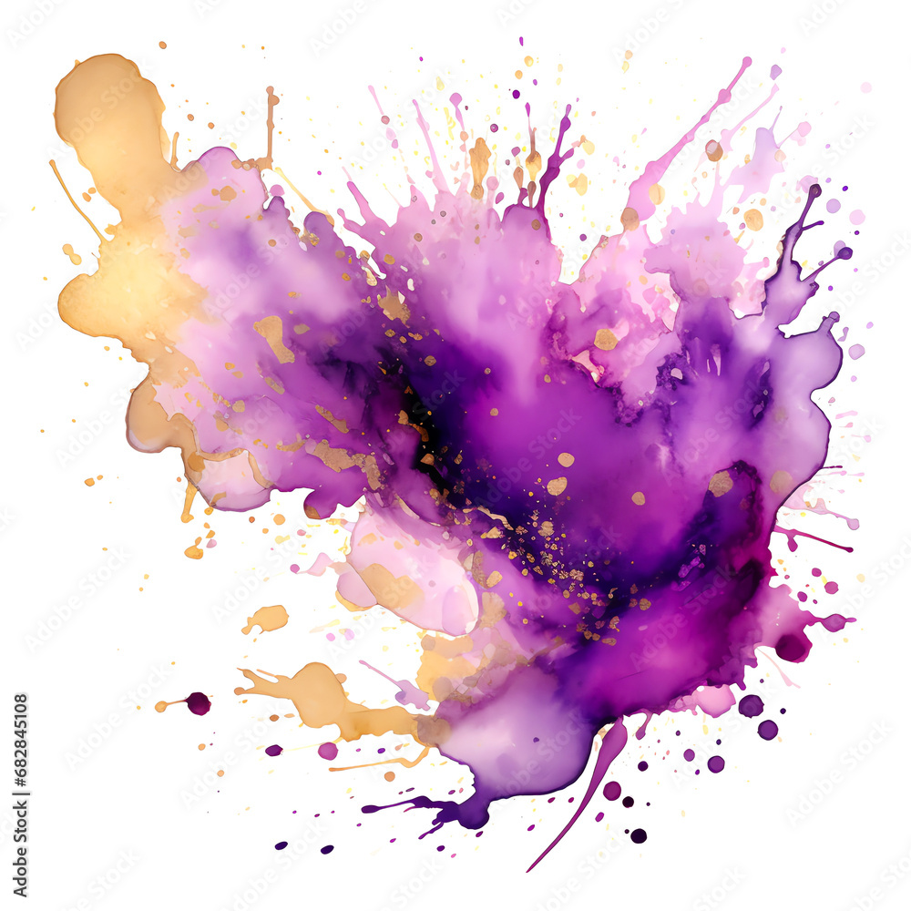 Wall mural purple watercolor ink gold sparkles transparent texture