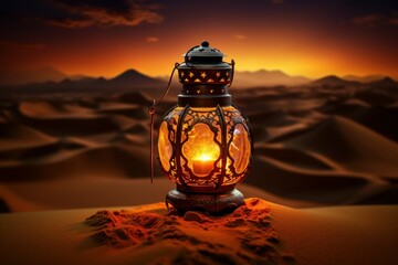 Exquisite Ramadan lantern in desert. Islamic crescent star. Generate Ai