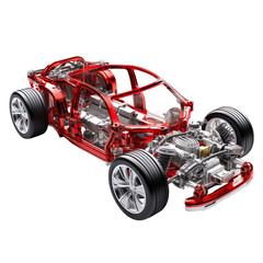 Obraz premium Passenger car assembled from new spare auto parts for shop aftermarket. Isolated on transparent background.