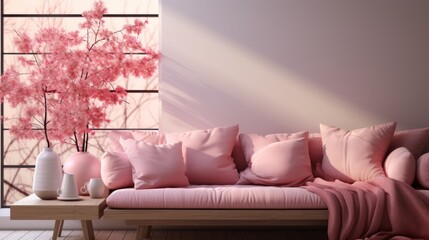 Front view of modern cozy living room in pink colors. Comfortable sofa with cushions, wooden coffee table, branches with pink flowers in vases. Beautiful light from the window.