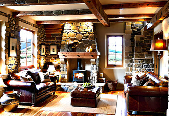 cozy,living room,Rustic and charming with stone walls, exposed beams, and leather couch,Generative AI
