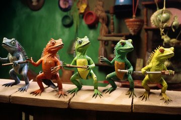 Meticulously crafted scene of lighthearted lizards participating in a limbo competition, showcasing their flexible and comical antics.