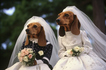 A charming illustration featuring dachshunds dressed in wedding attire, exchanging vows in a humorous and adorable ceremony.
