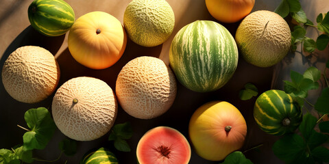 Cantaloupe arranged in an orderly manner On a nature background, there is space, a beautiful view. - obrazy, fototapety, plakaty