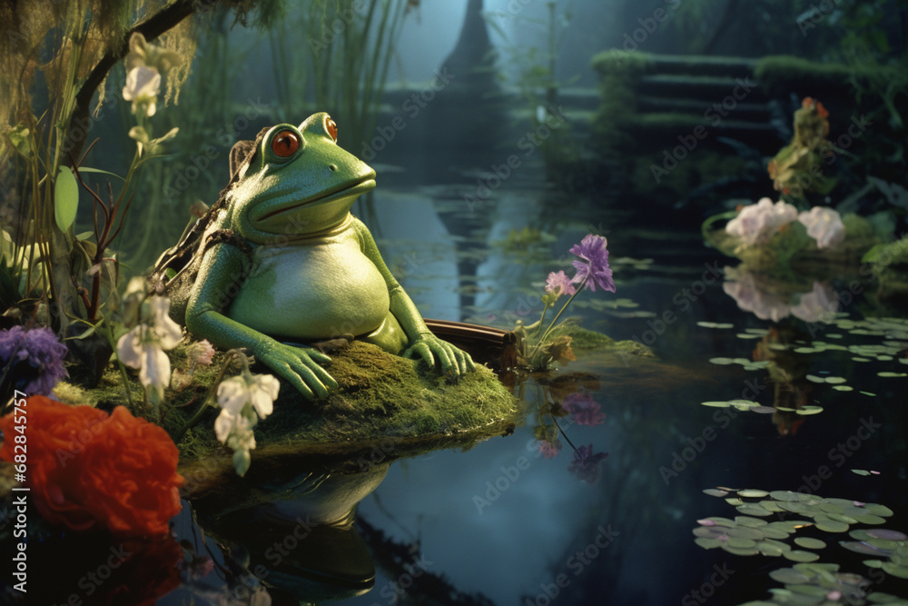 Poster a distinctive scene featuring a frog prince in an enchanted pond, surrounded by lily pads and magica