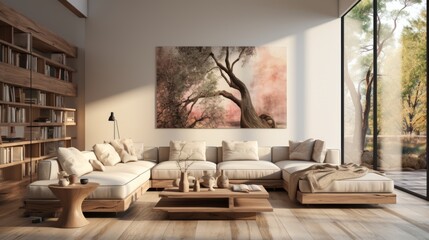 Interior of stylish spacious living room in luxury cottage. Comfortable beige cushioned furniture, rustic wooden coffee table, abstract painting on the wall, panoramic windows with forest view.