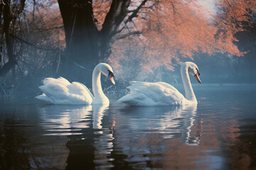 An original scene showcasing swans in a surreal lake, with reflections blending reality and dreamlike elements in a captivating dance.