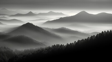 Mysterious Mountain Contours: Monochrome Landscape with Mist