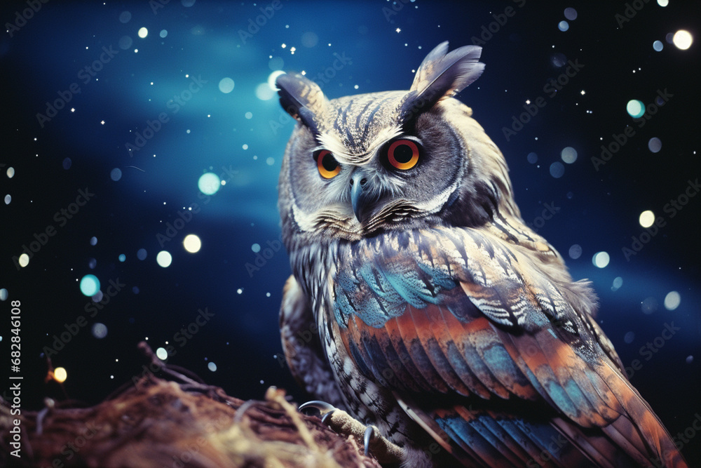 Poster an original depiction of an owl with cosmic feathers, symbolizing celestial wisdom against a backdro