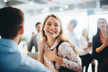 Obraz premium A smiling woman engages in a cheerful conversation with a colleague in a lively office atmosphere, highlighting positive workplace relationships.