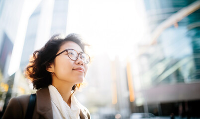 Obraz premium An optimistic young adult East Asian woman in smart casual attire gazes upward amid a sunlit urban backdrop, evoking a sense of aspiration and confidence