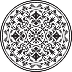 Vector round monochrome floral european national pattern. Ethnic circle ornament of Ancient Greece, Roman Empire