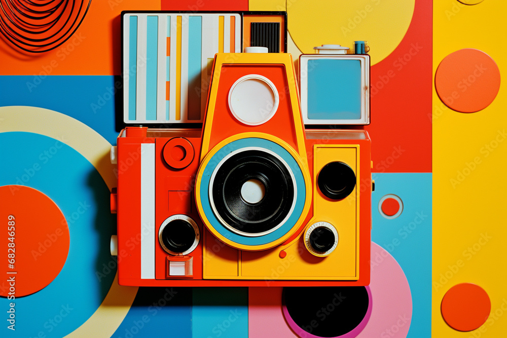 Aufkleber Join a graphic fusion jamboree, where a lively interplay of colors and simple shapes creates a visually engaging scene reminiscent of pop art.