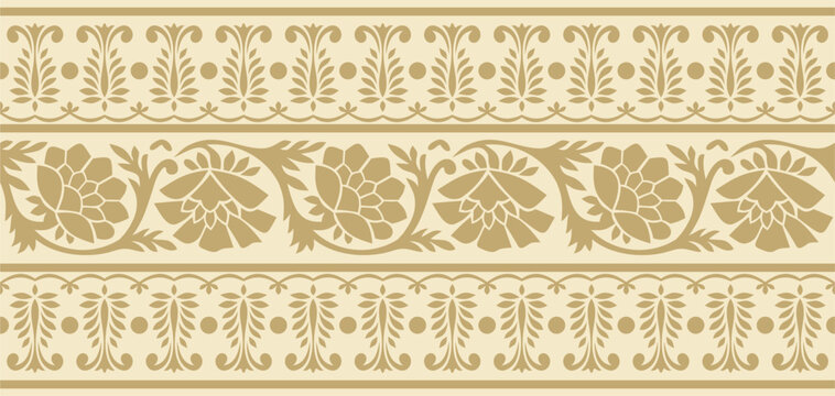 Vector seamless gold indian national ornament. Ethnic endless plant border. Flowers frame. Poppies and leaves..