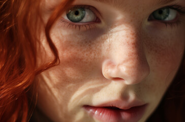 Captivating Stare: Hyperreal Close-up of Redheaded Woman's Penetrating Eyes