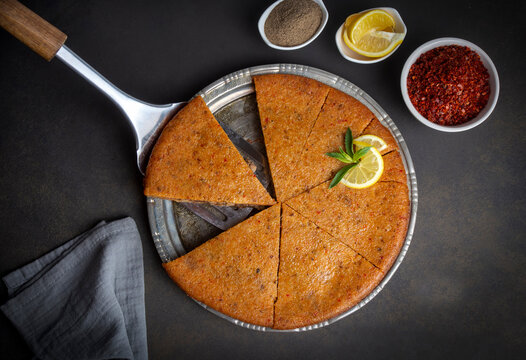 Traditional food of Antakya - Turkey, oruk in the tray. (Turkish name; Tepside icli kofte, tepside oruk, tepsi orugu, sini kofte) Hatay Oruk food.