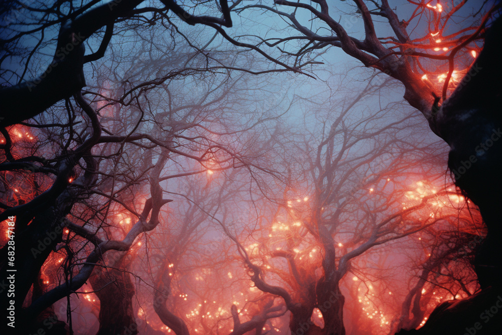 Poster a surreal forest of glowing trees, their branches intertwining to form an otherworldly canopy.