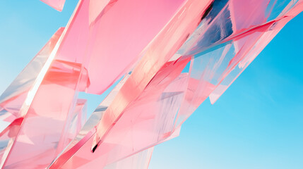 Crystal shaped abstraction, made up of multiple layers of translucent pink crystals. The crystals are arranged in a chaotic and overlapping manner. Blue sky on the background. - Powered by Adobe