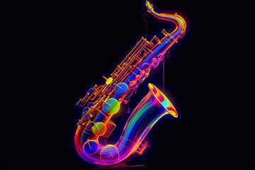 Background with saxophone neon effect. Jazz concert. A poster of a musical performance. International Jazz Day - obrazy, fototapety, plakaty