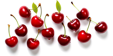 Fresh cherries arranged in an orderly manner On a white background, there is space, a beautiful view.