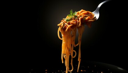 Spaghetti with tomato sauce on a fork on a black background